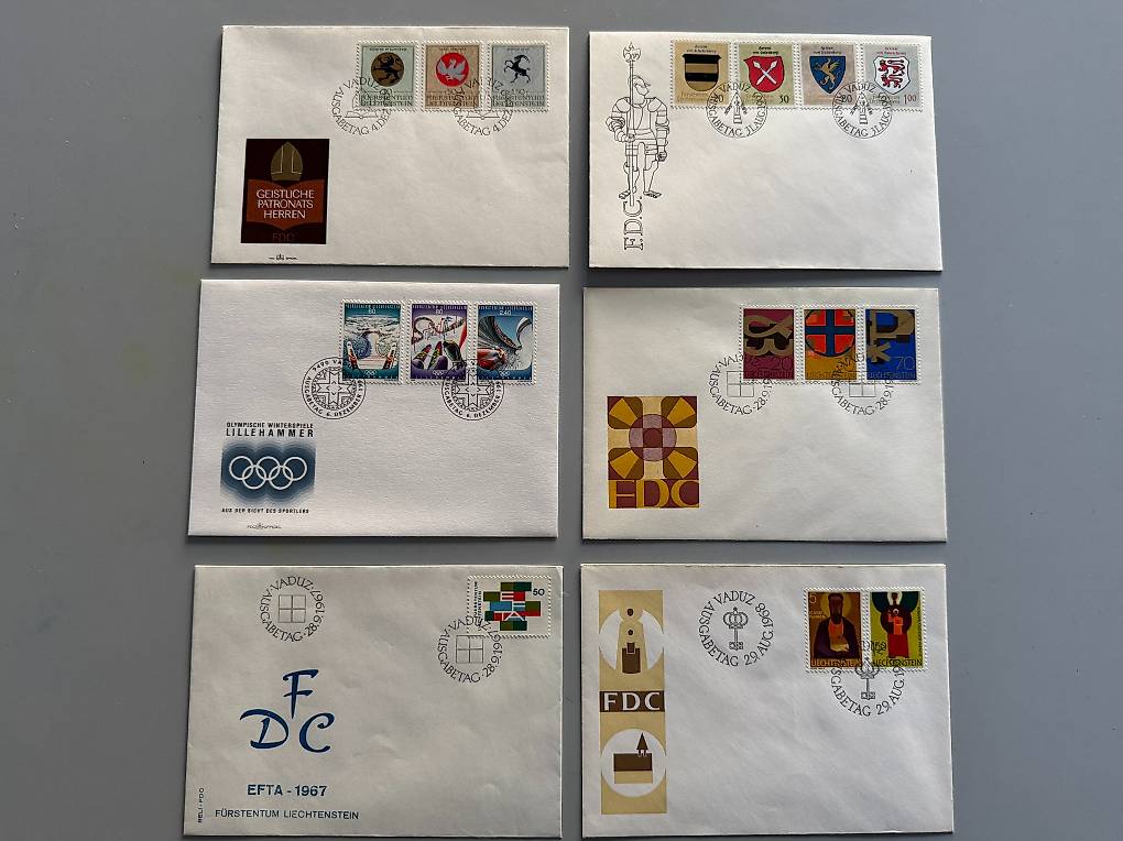6 Briefmarken Ersttagsbriefe Liechtenstein 6 Briefmarken Ersttagsbriefe Liechtenstein