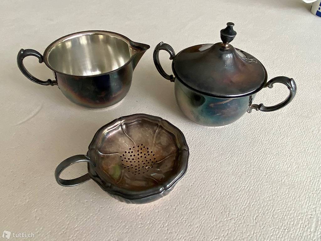 Antik Zuckerdose Teesieb Cremiere Silber